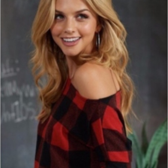 BellanBlue Tops - Cozy Off Shoulder Buffalo Plaid Top
